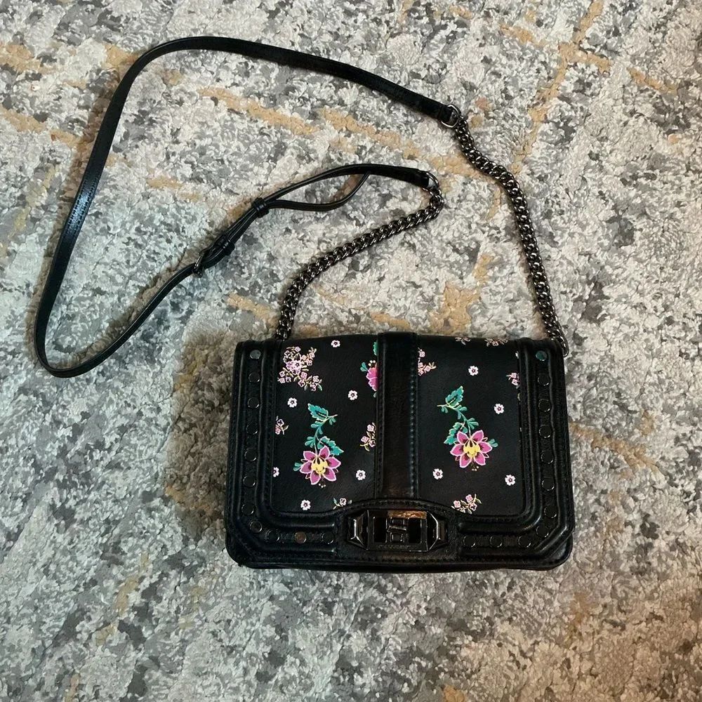 REBECCA MINKOFF LOVE BIKER STUD FLORAL LEATHER CROSSBODY BAG! EUC!